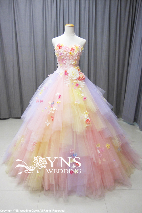 YNS ウェディングドレス　カラードレス　花モチーフ　ピンク